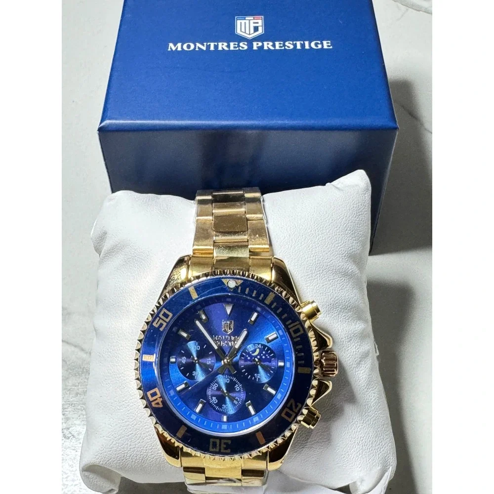 Montres Prestige MPW-0093 Mens Chronograph Watch Gold Blue Dial Moon Phase New